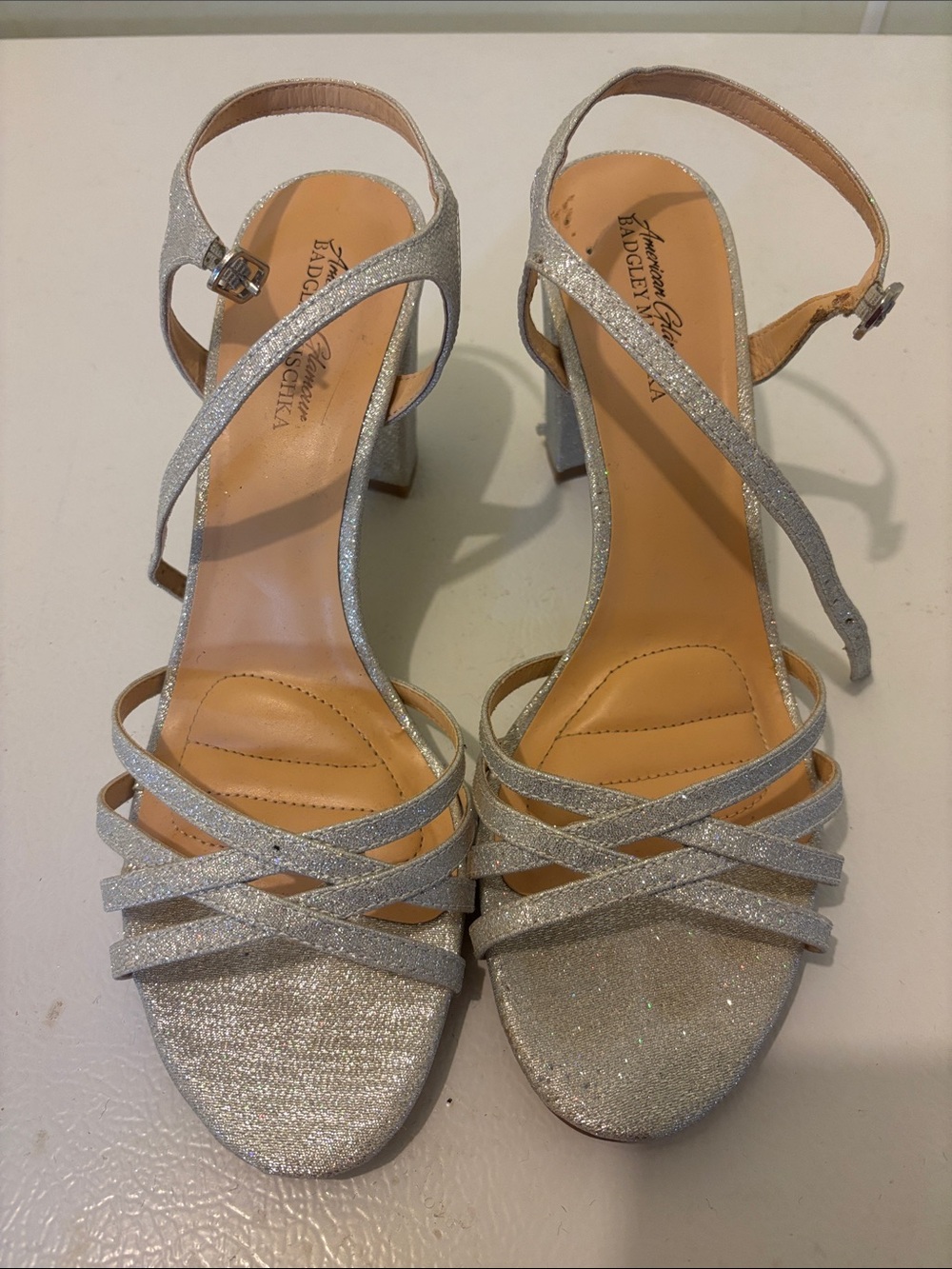 Badgley Mischka Silver Glitter Strappy Block Heels